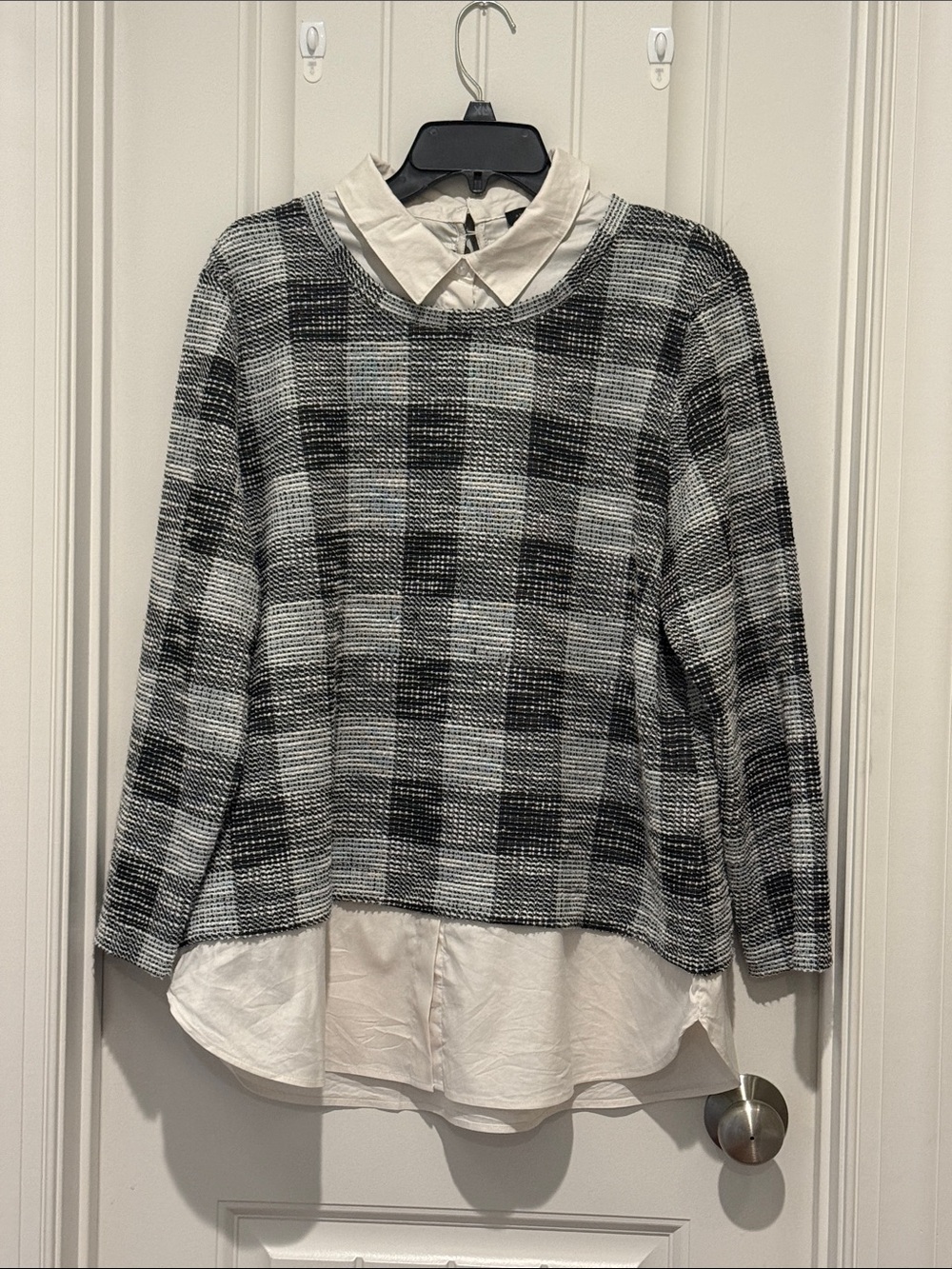 Ann Taylor Black & White Plaid Layered Crewneck Sweater